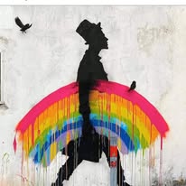 Illustrazione di una figura in cammino con una scia arcobaleno